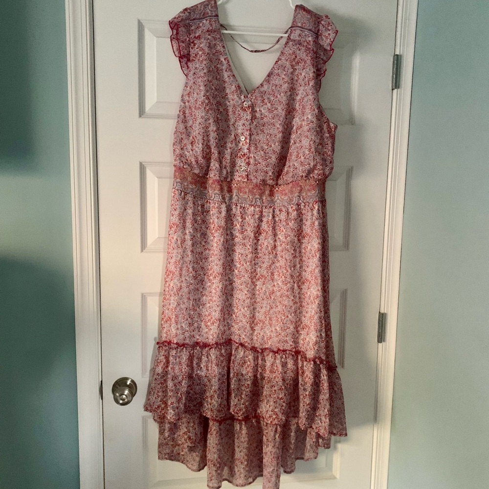 Pink Floral High-Low Dress with Flutter Sleeves